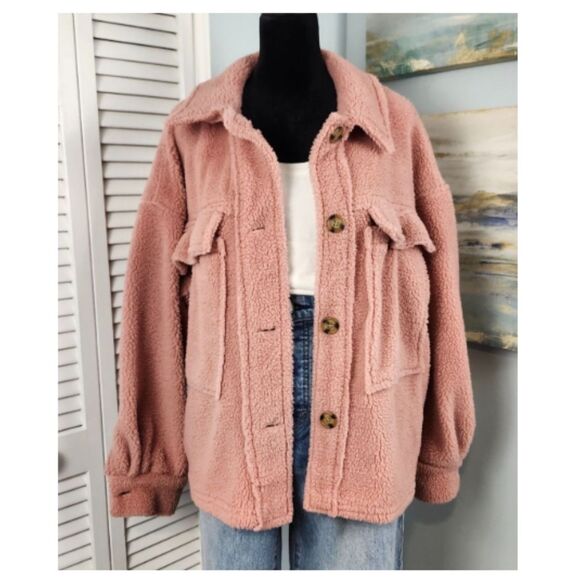 Pink Sherpa Jacket – Fuzzy Button-Up Cozy Plush Texture (Fits M/L) - Picture 1 of 9